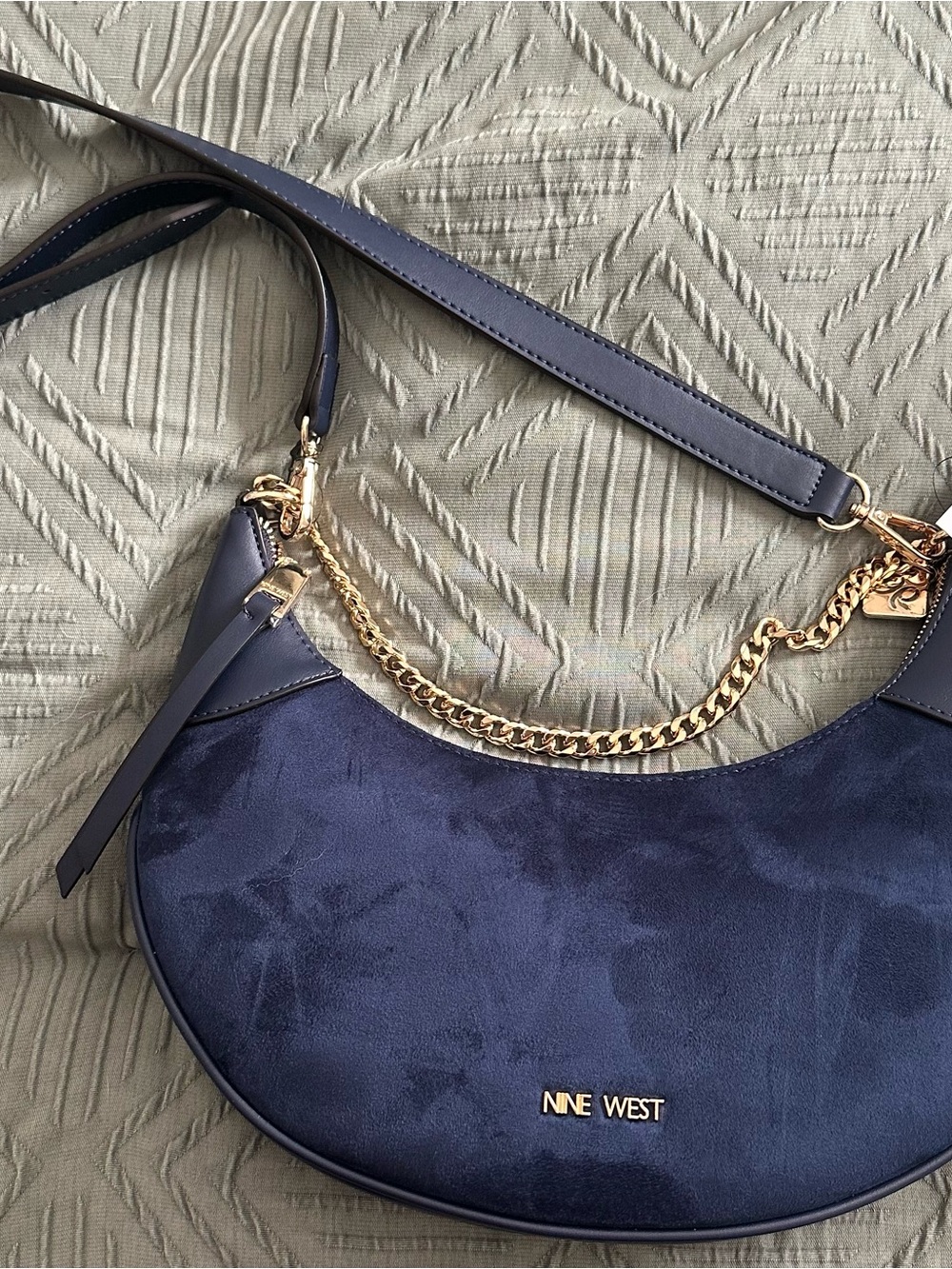 Nine West Navy “Cindra Mini”Crescent Shoulder Bag or crossbody with Gold Chain